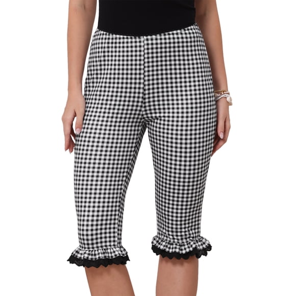 Pantalones de Gingham para Mujer Cintura Baja 3/4 Longitud hasta la Rodilla Leggings Capri Recortados M Negro