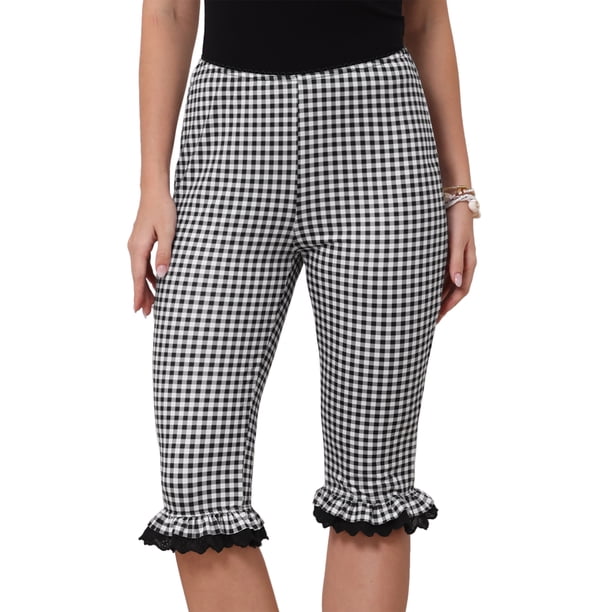 Pantalones de Gingham para Mujer Cintura Baja 3/4 Longitud hasta la Rodilla Leggings Capri Recortados M Negro