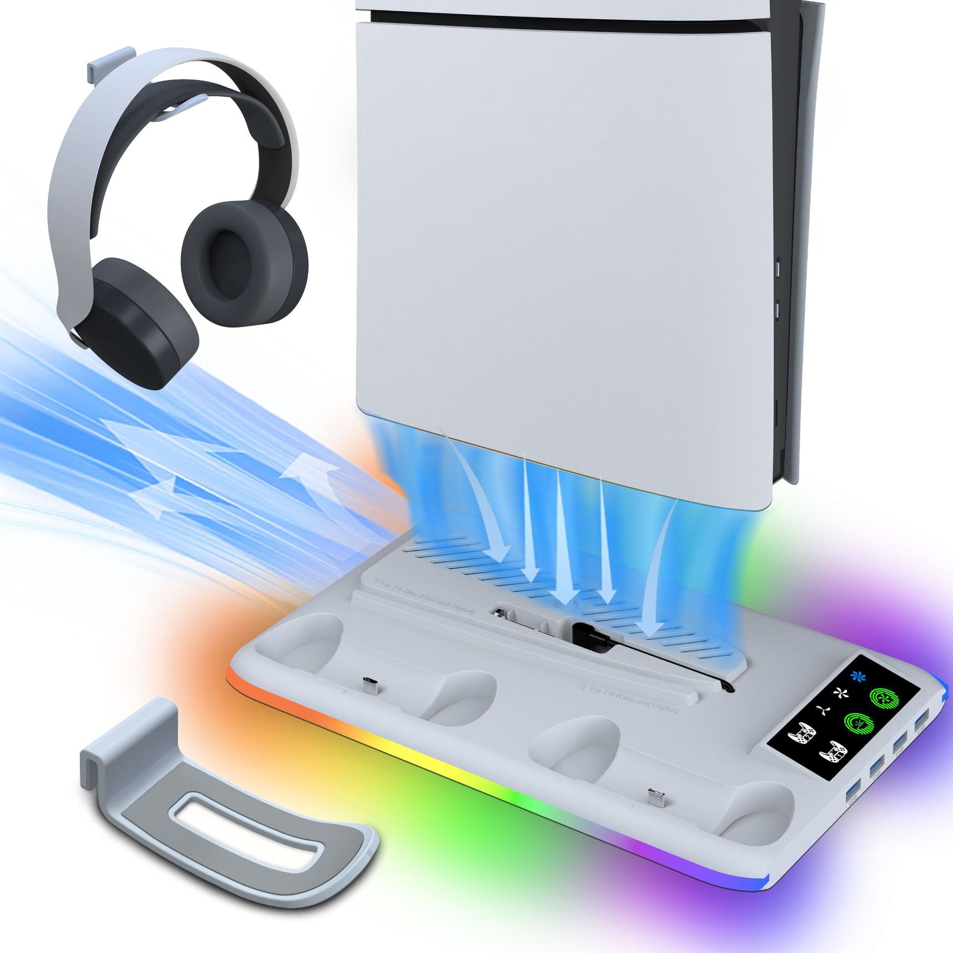 Genérico - Estación De Enfriamiento Para Consolas Ps5/ps5 Slim Versiones Con Disco Y Digital, Con Ventilador De 3 Velocidades, Base De Carga Rgb, Cargador Dual De Controladores