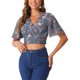 thumbnail image 4 of INSPIRE CHIC Blusa corta floral para mujer con cuello en V, mangas acampanadas y dobladillo fruncido, gris azul XS, 4 of 6