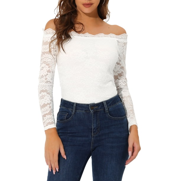 INSPIRE CHIC Blusa de Encaje Floral para Mujer con Hombros Descubiertos y Mangas Largas Transparentes S Blanco