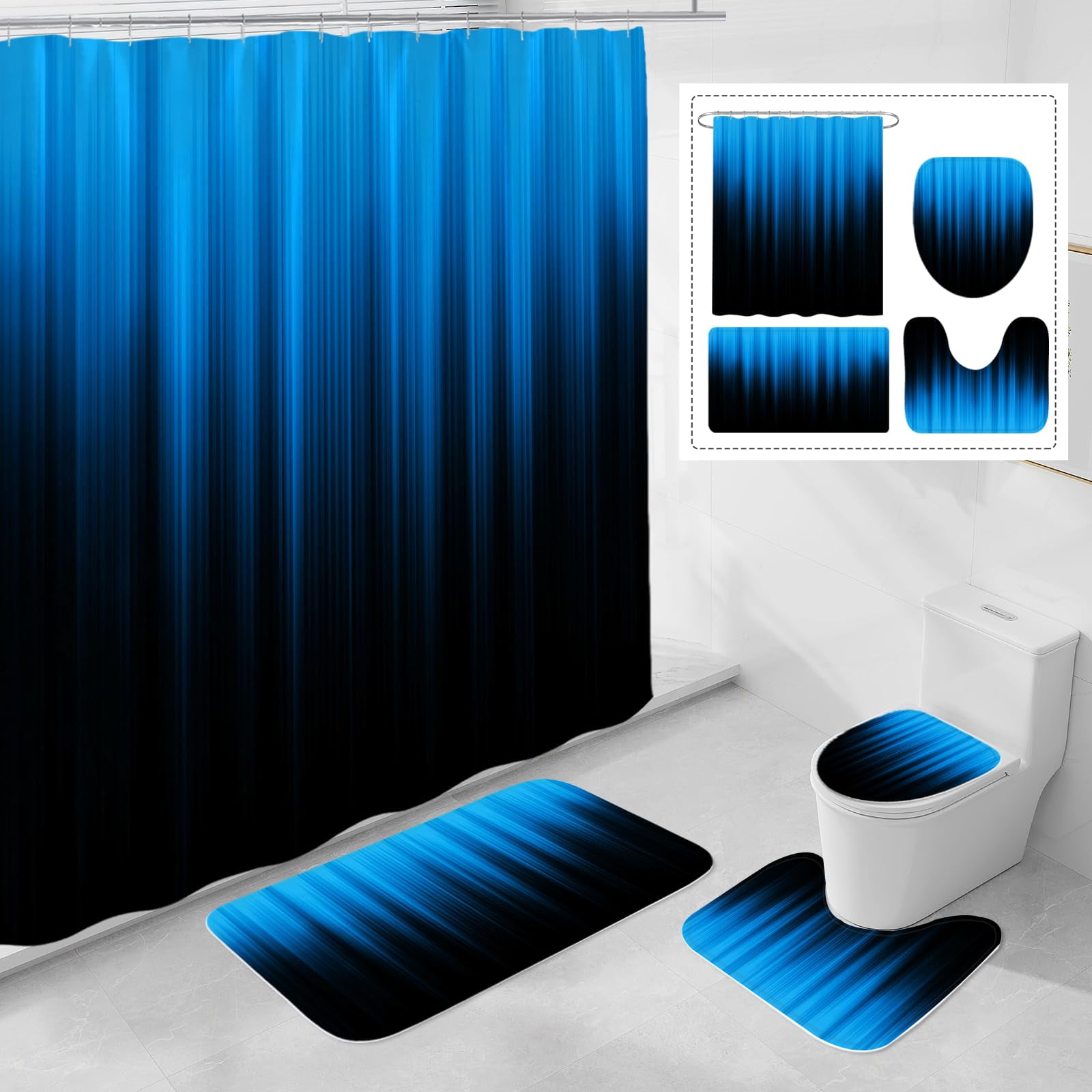 Set De Cortina De Ducha Litabel Para Baño Con Tapetes Y Tapa De Inodoro