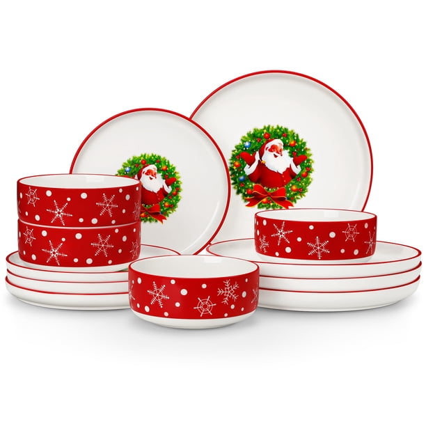 MALACASA Platos y Tazones, Juego de 12 Piezas de Vajilla de Porcelana Navideña para 4 Personas, Vajilla de Cerámica, Apta para Microondas y Lavavajillas, Serie LUNA – Santa Claus