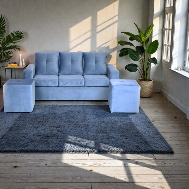 Living Emanuel 3 Cuerpos Y 2 Poufs - Tela Felpa Azul Petróleo