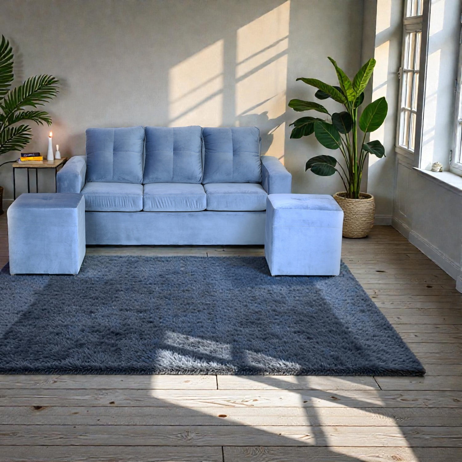 Muebles Altiro - Living Emanuel 3 Cuerpos Y 2 Poufs - Tela Felpa Azul Petróleo