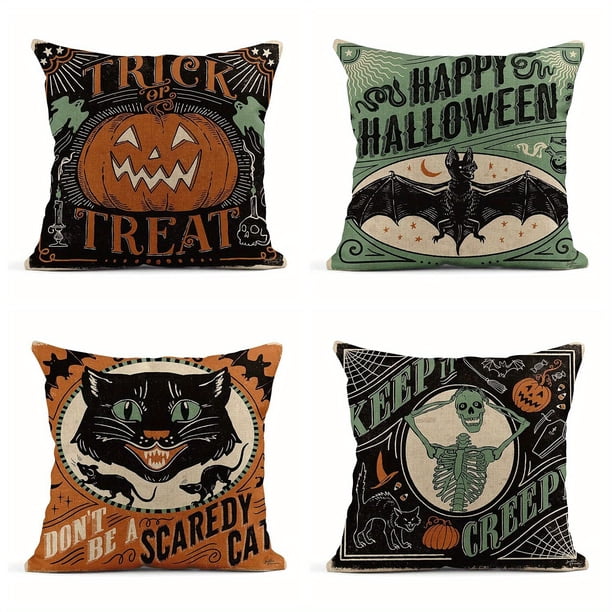 4pcs/set, Linen Blend Throw Pillow Covers 18x18 Inch Vintage Halloween Scaredy Cats Pumpkins Skeletons Home Decor Pillowcase Square Cushion Covers For Sofa Bed Couch