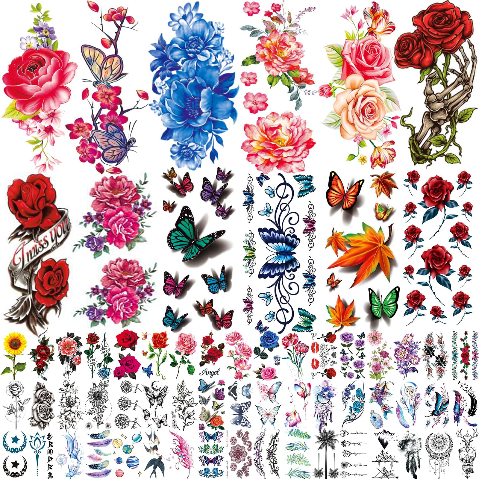 Tatuajes Temporales Adhesivos Zomme, 82 Hojas, Diseño De Flores