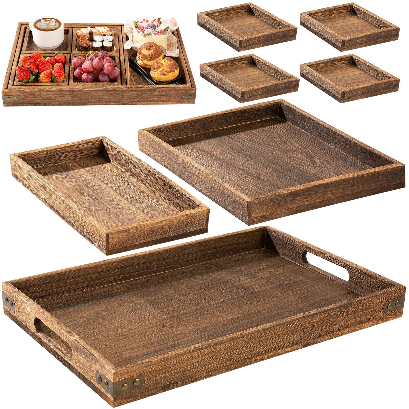 Set De 7 Bandejas Rústicas De Madera Yangbaga Con Asa