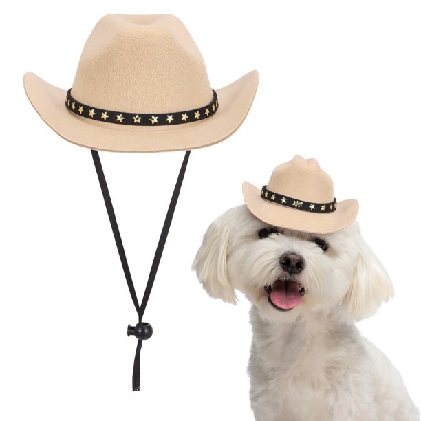 Sombrero de Vaquero para Perro Uxcell, Mini Sombrero de Vaquero para Mascota con Correa de Barbilla Ajustable, Gorra de Cosplay (Caqui, L), Para Perros y Gatos