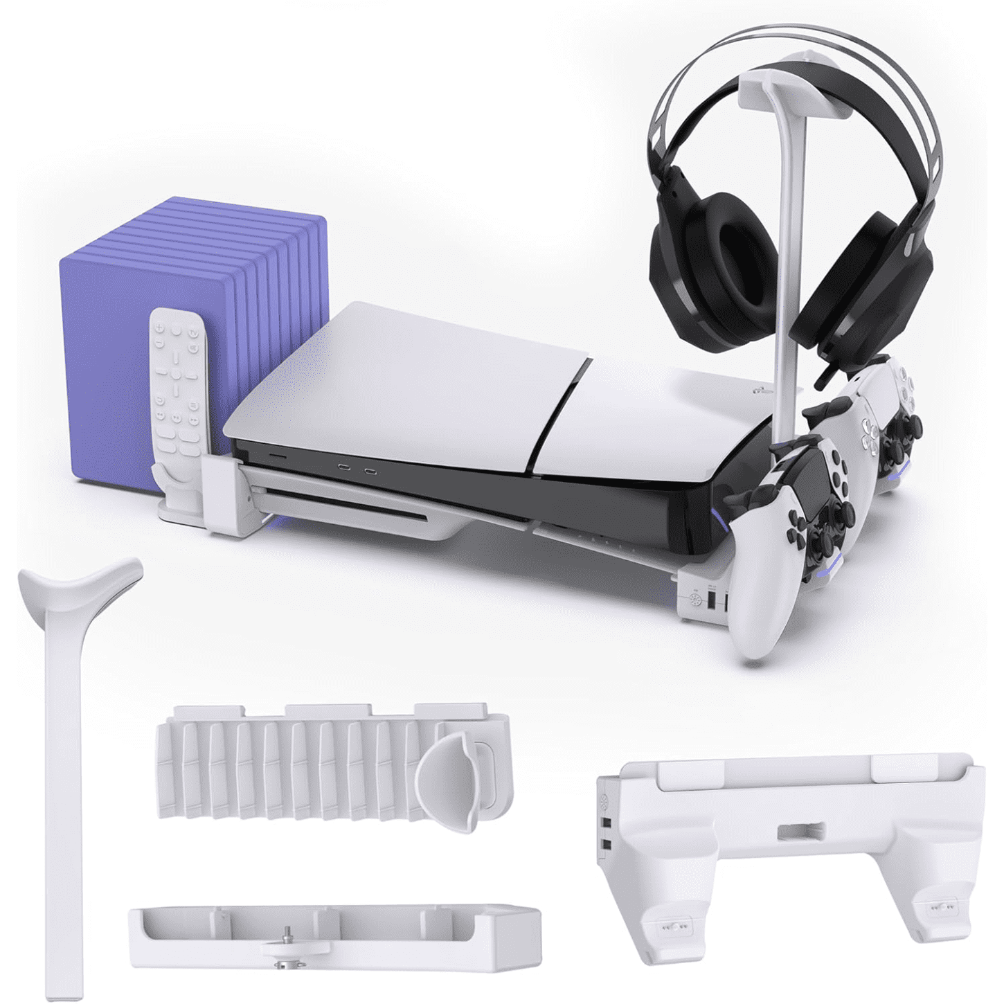 Genérico - Soporte Horizontal Rgb Con Cargador De Mando, Soporte Para Auriculares, Juegos Y Almacenamiento De Mando Para Playstation 5 Slim Disc Y Versión Digital -blanco
