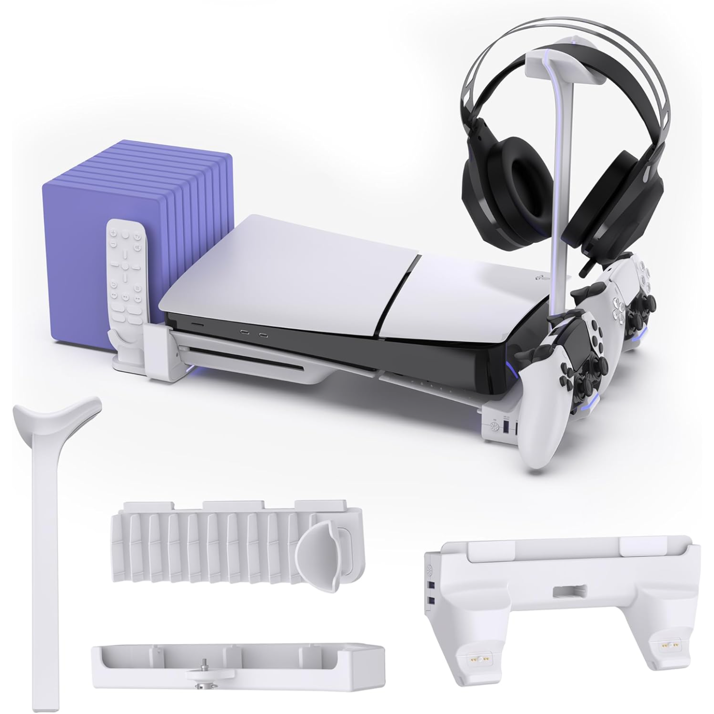 Genérico - Soporte Horizontal Rgb Con Cargador De Mando, Soporte Para Auriculares, Juegos Y Almacenamiento De Mando Para Playstation 5 Slim Disc Y Versión Digital -Blanco