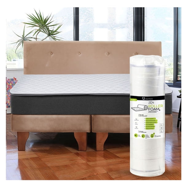 Cama Europea Zen Roller 2 Plazas Colchon Comprimido Espuma + Respaldo Tela Beige
