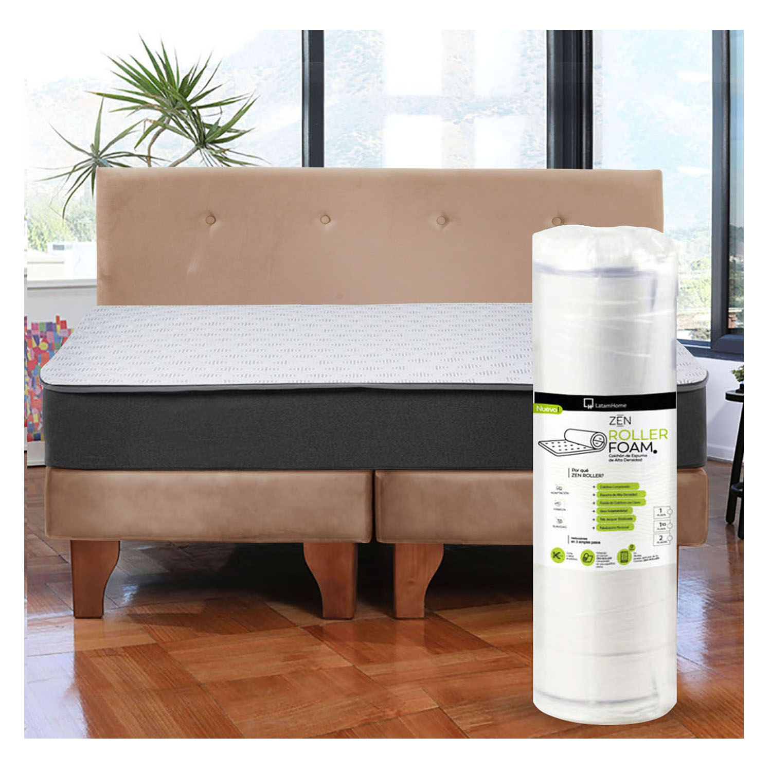 Latam Home - Cama Europea Zen Roller 2 Plazas Colchon Comprimido Espuma + Respaldo Tela Beige