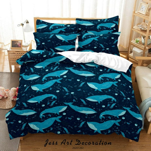 3D Dibujado a mano Océano Azul Ballena Patrón Funda de edredón Set Ropa de Cama Set Funda Nórdica