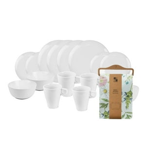 Decoexpress - Set Juego De Loza Cerámica 16 Piezas Vajilla Blanca Y Mantel Antimanchas Primavera 130X180 Blanco