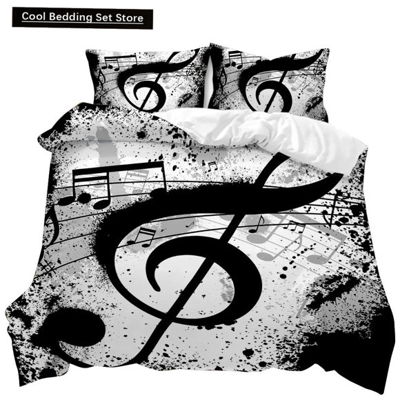 Music Duvet Cover Music with G-Clef Black Instrument Twin Bedding Set Monochrome Creative Rhythmic Ornate Polyester Qulit Cover Bed Sheets