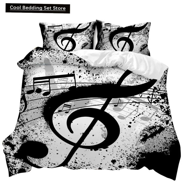 Music Duvet Cover Music with G-Clef Black Instrument Twin Bedding Set Monochrome Creative Rhythmic Ornate Polyester Qulit Cover Bed Sheets