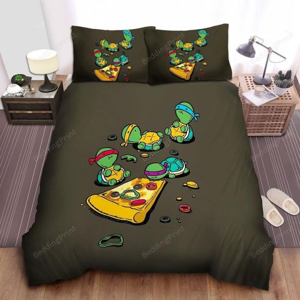 Cute Little Ninja Turtles Eating Pizza Quilt Duvet Cover Set Bedspread3-Piece Bedding Set