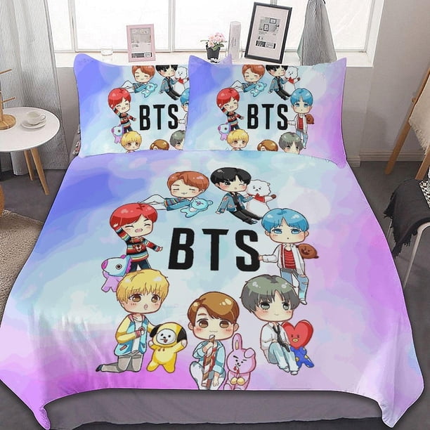 Juego de ropa de cama de microfibra con funda nórdica Kpop BTS, estampado 3D, ligero, de 3 piezas, 1 funda nórdica y 2 fundas de almohada para niños y niñas.