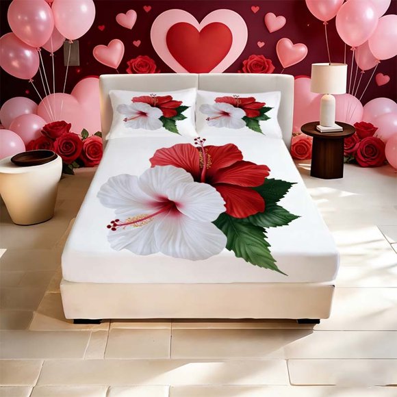 Hibiscus Fantasy Print Fitted Sheet Set Including a Soft Fitted Sheet and Two Pillowcases Suitable for All Seasons An Ideal Choice for Home Bedrooms and Guest R
