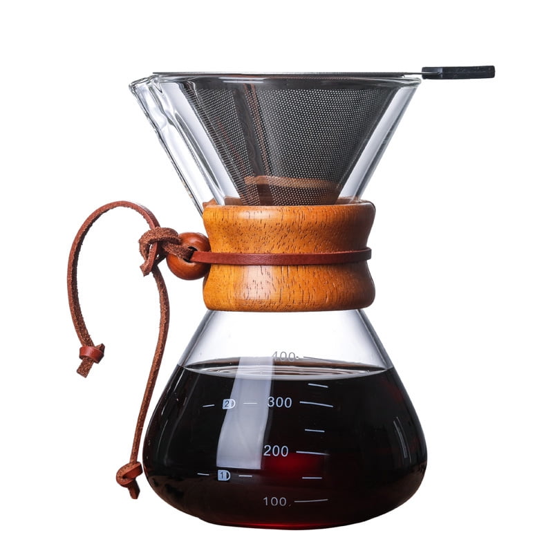 Xusx111 - Verter Sobre Cafetera Con Filtro De Goteo De Acero Inoxidable Reutilizable, Alto Borosilicato Vidrio Resistente Al Calor Moderno Cuello De Madera Para 1-2 Tazas, (400 Ml)