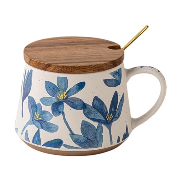 Taza de té de cerámica Taza de té de cerámica Taza de café Taza de té Patrón floral retro Material cerámico de alta temperatura Adecuado para mujeres con cuchara con tapa