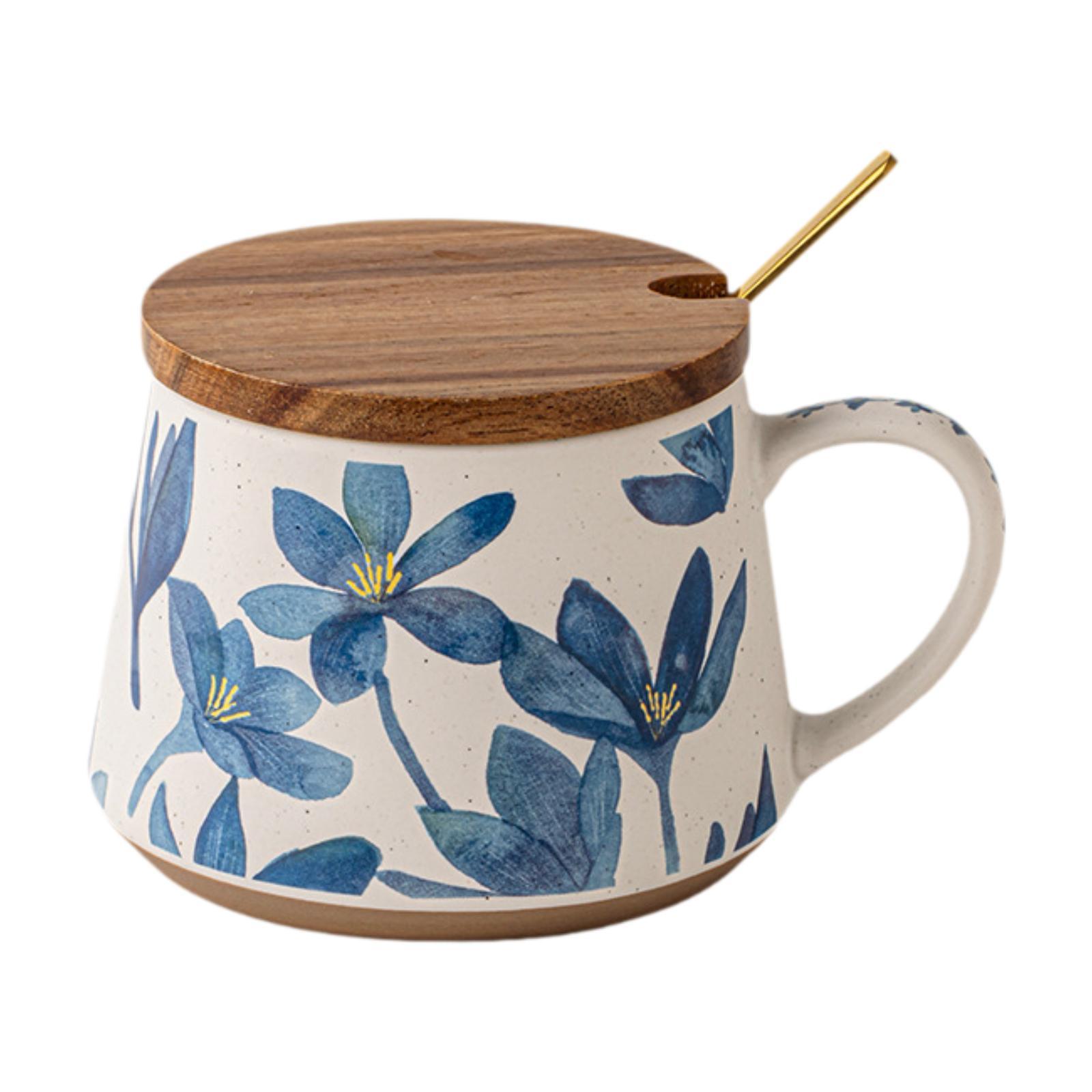 Magideal - Taza De Té De Cerámica Taza De Té De Cerámica Taza De Café Taza De Té Patrón Floral Retro Material Cerámico De Alta Temperatura Adecuado Para Mujeres Con Cuchara Con Tapa