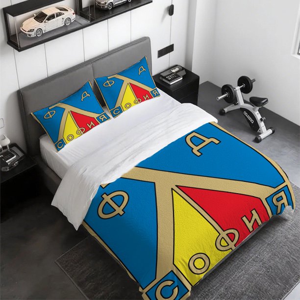 3pcs Sofia City Emblem Triangular Frame Blue Yellow Red Color Greek Alphabet Design Bedding Set Multi Color Print