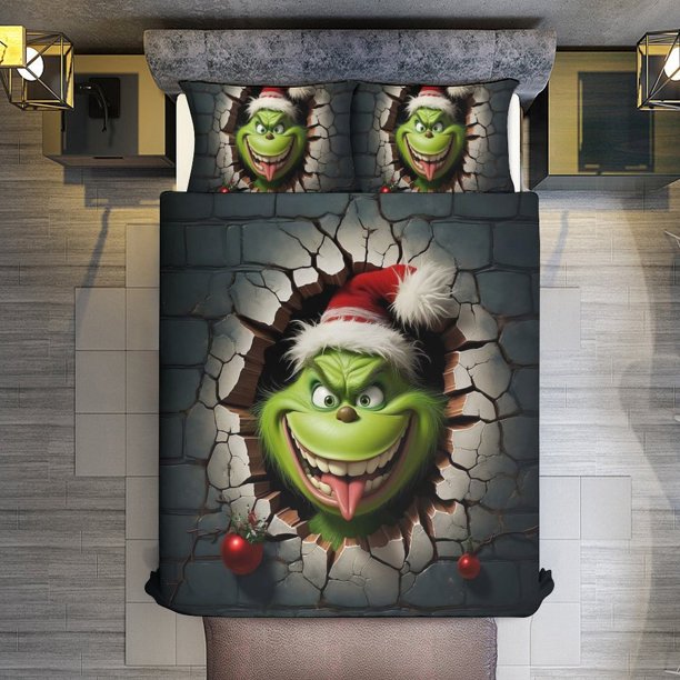 3 Piece Bedding SetFunny GrinchComforter Set for Kids Boys Teen Tween 3D Lightweight Microfiber Bedding Sets