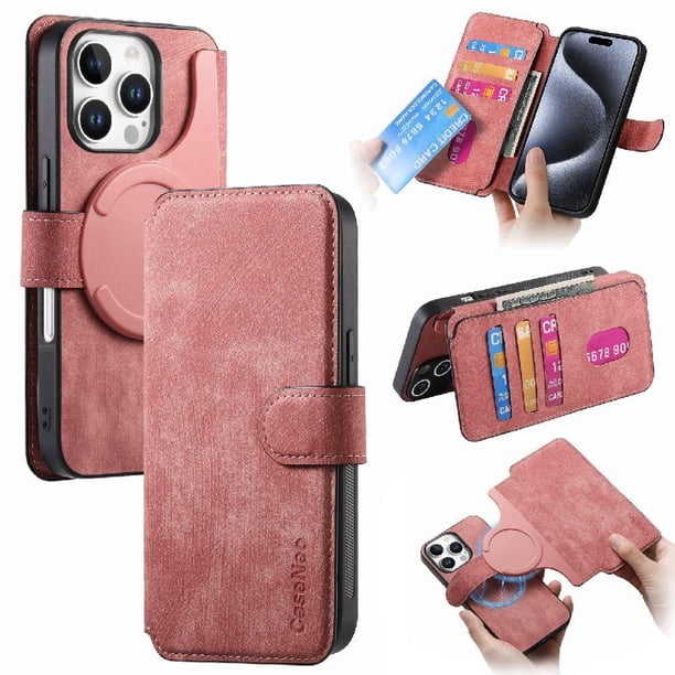 Funda Billetera Magnética para iPhone 16 Pro Soporte Tarjetas Desmontable Rosa