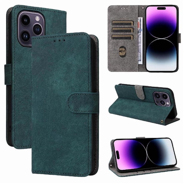 Funda Billetera para iPhone 14 Pro con Soporte - Cartera de Cuero con Ranuras Verde