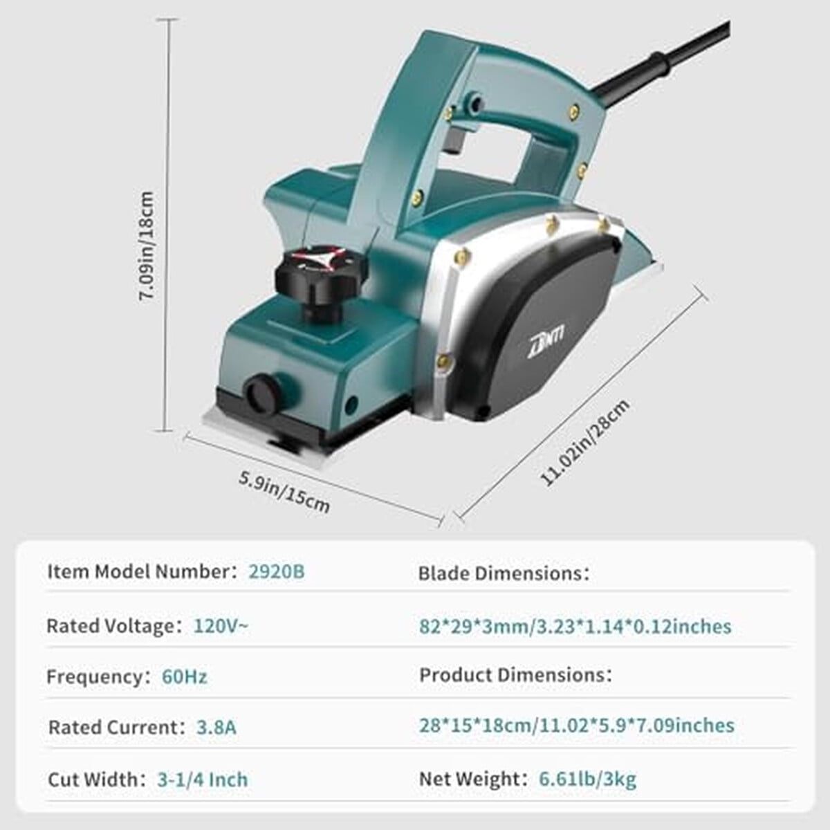 Cepillo Eléctrico Dnti 2920b 3.8a 1mm 15000rpm 82mm