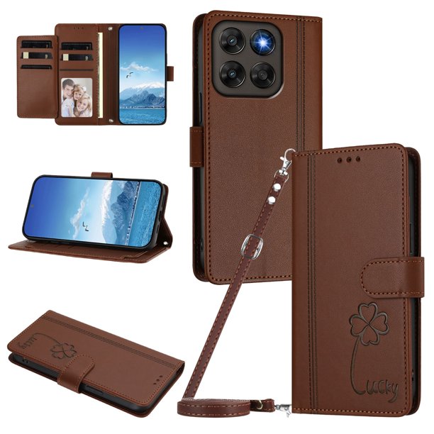 Funda Cartera Trébol para Motorola Moto G77 con Ranuras Tarjetas y Carga Inalámbrica Marrón