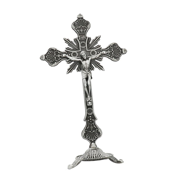 Crucifijo De Pie De 10 Pulgadas, Cruz De Mesa De Metal Para Mesa, Capilla, Decoración Del Hogar, Peltre Antiguo