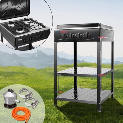 Line - Cocina Encimera A Gas Licuado 4 Platos Con Mesa+ Kit De Instalación Cocinilla Negro