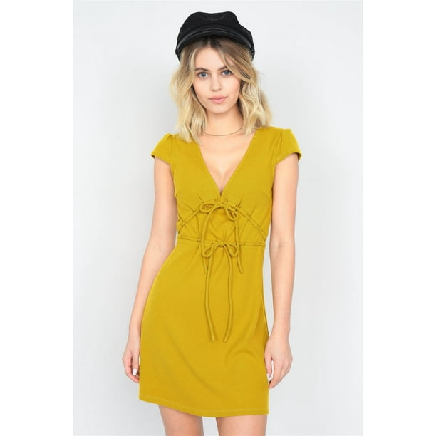 Vestido Casual Mini de Color Mostaza con Cuello en V, Mangas Cortas y Ribete Liso