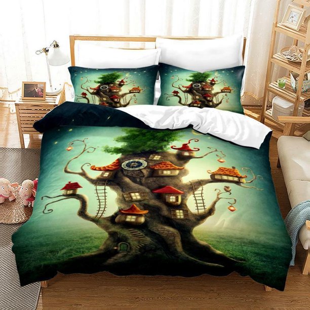 Blue Sky Grassland Money Tree Quilt Duvet Cover Set Children Super 3-Piece Bedding Set
