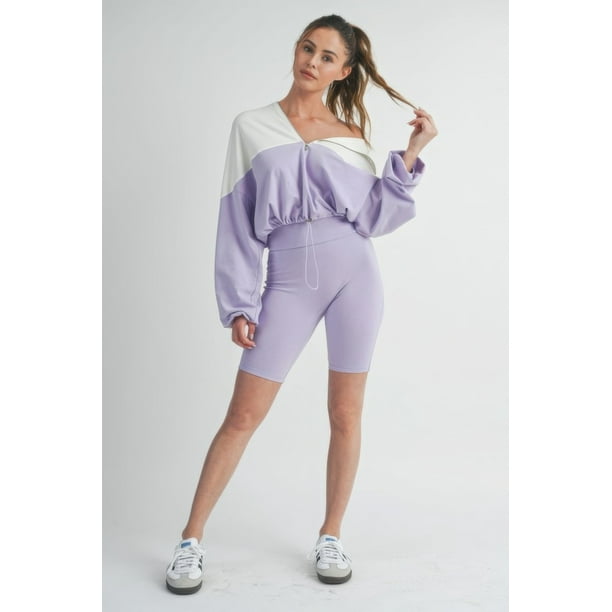 Conjunto De 2 Piezas De Algodón Con Top De Manga Larga Y Shorts De Ciclista Elásticos Lavanda marfil (para Mujer)