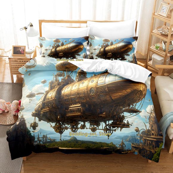 Personality Cool Steampunk airship Bedding Set Cartoon Anime three-piece set Adult Kid Bedroom Duvetcover Sets 3D Kawaii Bed Sheets