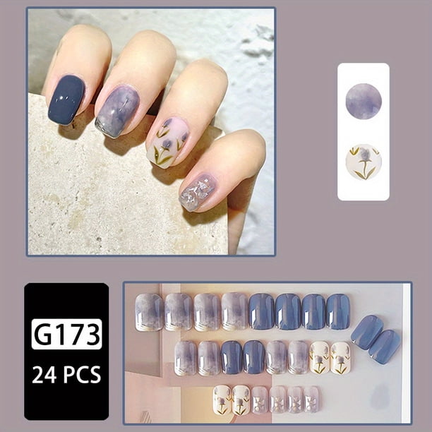 Super Shiny Press On Nails,Short Presson Nails With Tulips Patterns,Square False Nails,24 Pcs