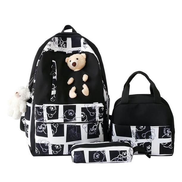 3pcs Kawaii Bear Graffiti Print Backpack, Cute Preppy Schoolbag With Lunch Box Bag And Pencil Case, Student Back To School Supplies