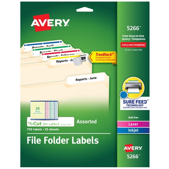 Etiquetas para carpetas de archivos Avery TrueBlock 750, etiquetas imprimibles