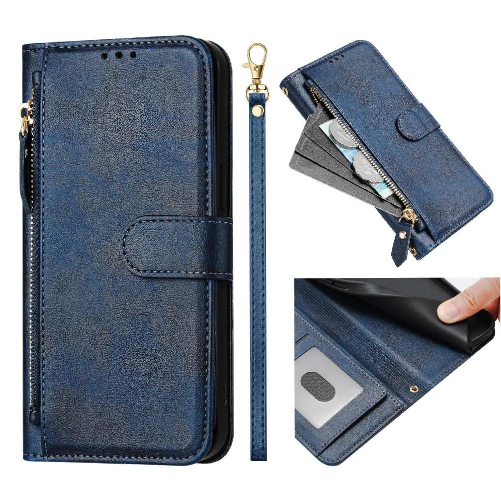 Foxdock - Funda Tipo Cartera Para Iphone 14 Pro Con Bolsillo Con Cremallera, Tarjetero, Soporte, Correa Para La Muñeca Y Tapa De Cuero Azul