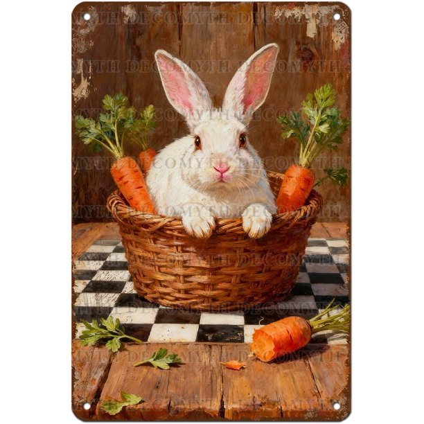 Letrero estaño metal conejo Pascua vintage conejo flor huevo primavera arte pared hogar granja cocina dormitorio 20x30cm