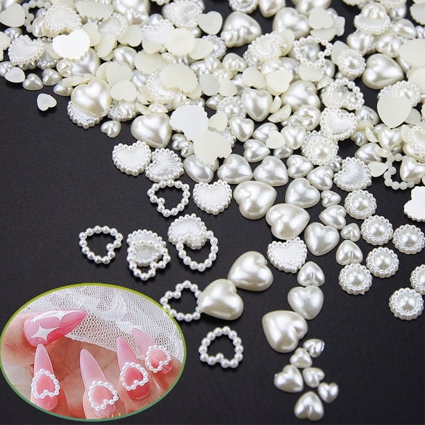 500 Pcs Half White Pearls Heart Nail Beads Charms Mixed Sizes Spring Summer Flatback ABS Heart Assorted Pearls Heart Beads 3D Nail Art Charms Material Embellishments For Nail Art DIY Crafts Accessorie