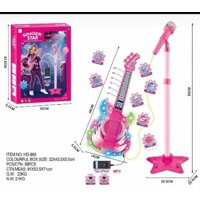 Genérico - Set Guitarra Microfono Pedestal Juguete Mp3 Luces Rosada