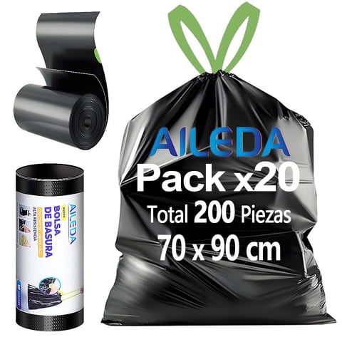 Aileda Bolsa De Basura Con Cordón Mediana 70X90 Cms - Cierre Fácil 20 Rollo Con En Total 200 Unidades