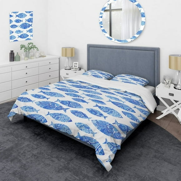 Designart Pattern With Fishes Nautical Coastal Bedding Set Funda Nórdica