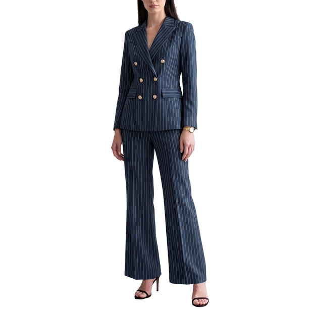 INSPIRE CHIC Conjunto de Traje de Pantalón de 2 Piezas para Mujer, Blazer de Doble Botonadura de Manga Larga, Pantalones Grandes Azul Marino