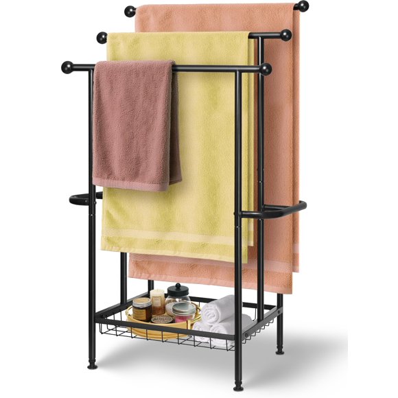 Portatoallas Haturi de 3 niveles 99 cm negro de metal con cesta
